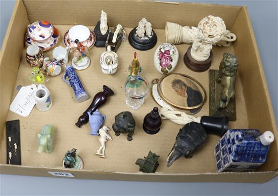 A mixed group of collectables, including Derby and other ceramics, carved ivory and a watercolour miniature portrait